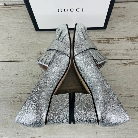 Gucci NEW Size 34 Metallic Silver Marmont GG Fringe Mid Heel Loafer Shoe Pump - Picture 10 of 14